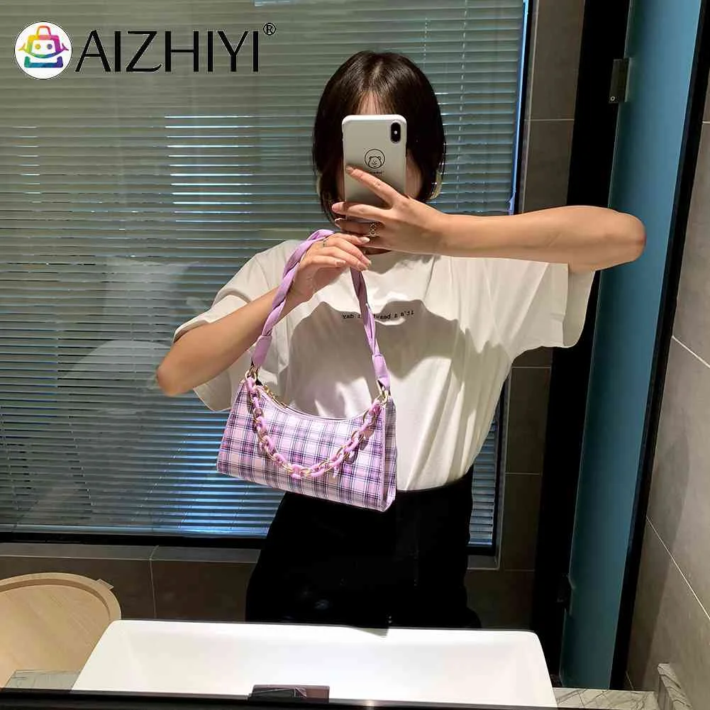 

Портмоне в клетку из искусственной кожи для женщин, портативные дамские сумочки на плечо с акриловой цепочкой, повседневные уличные дорожные тоуты, 2023