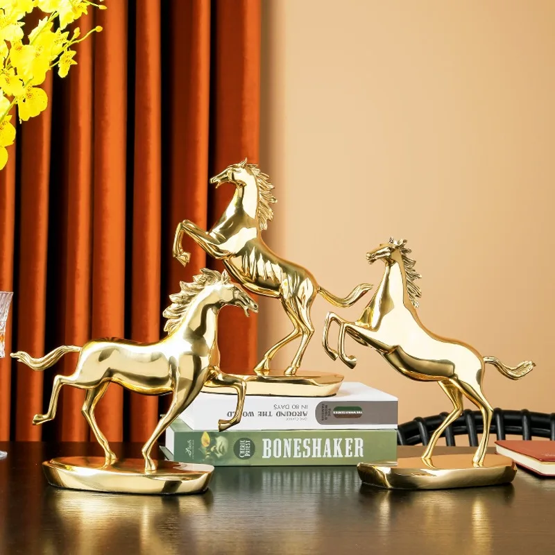 Золотая лошадь из латуни, фигурка из меди, украшение для дома, орнамент для стола, скульптура, коллекционный предмет, золотое покрытие, подарок.