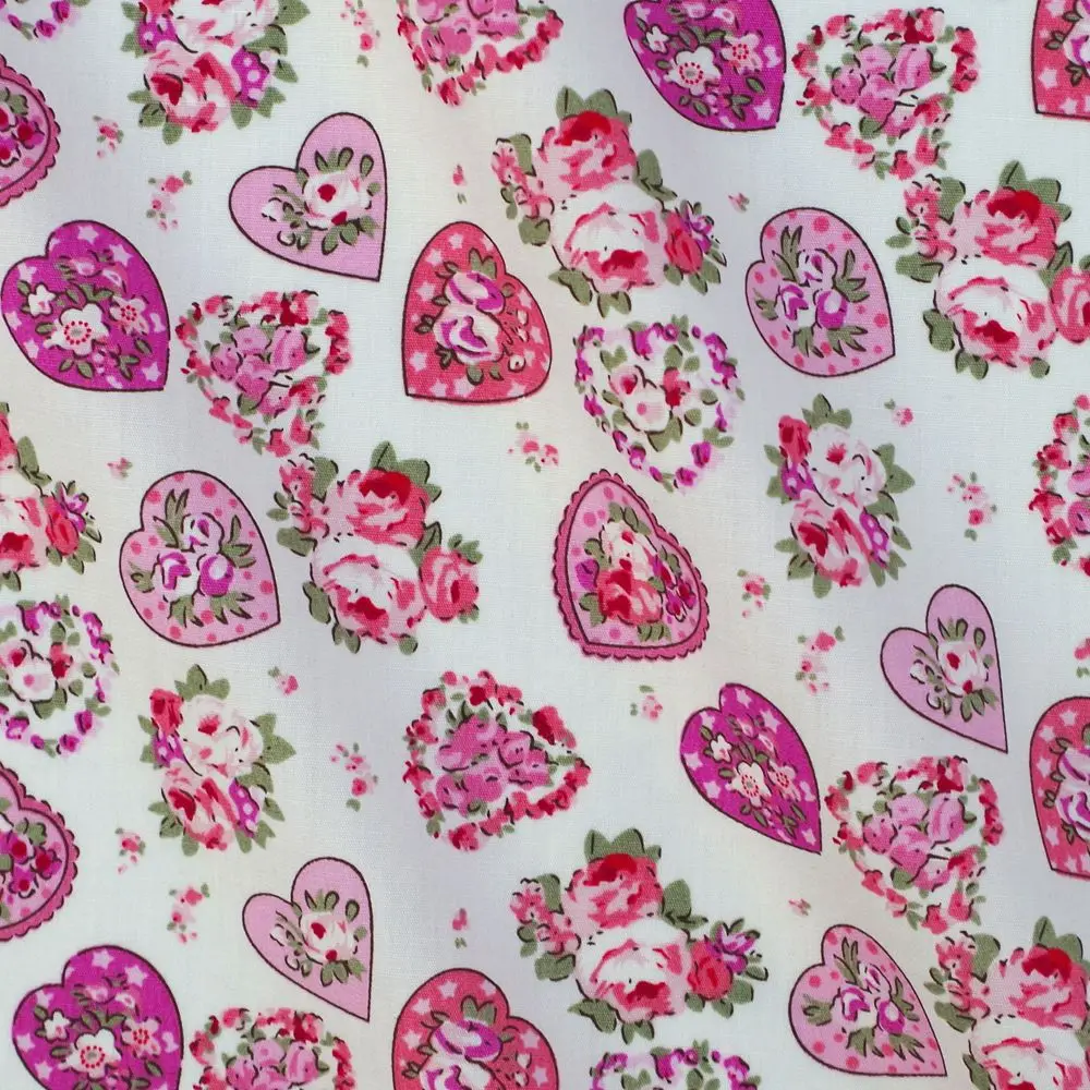 

1 Yard Cotton Poplin Woven Fabric For Cloth, Bag, Bedding, Heart and flowers on white background (pink), Width=140cm