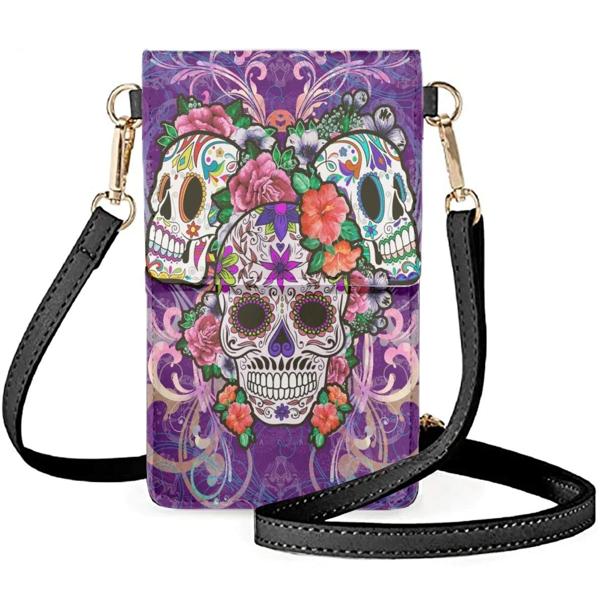 

FORUDESIGNS Purple Roses Skulls Design Lady Mobile Phone Bags Floral Print Women's Bag Strap New In Handbag Female Elegant