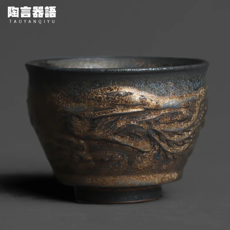 

Черный Золотой Рельефный Дракон Цзиндэчжэнь и Феникс персональная чайная чашка ручной работы в стиле ретро керамическая печь запеченная и...