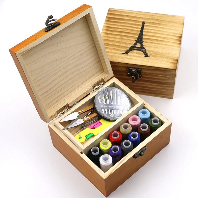 

1 Set Vintage Hand Stitching Solid Wood Sewing Box Home Set Storage Box Sewing Kit Sewing Handmade Diy Sewing Tools Eiffel Tower