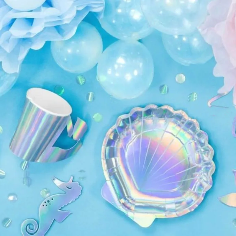 

Special-shaped Paper Laser Disposable Tableware Shell Paper Ocean Happy Birthday Plates Under The Sea Mermaid Birthday Plates