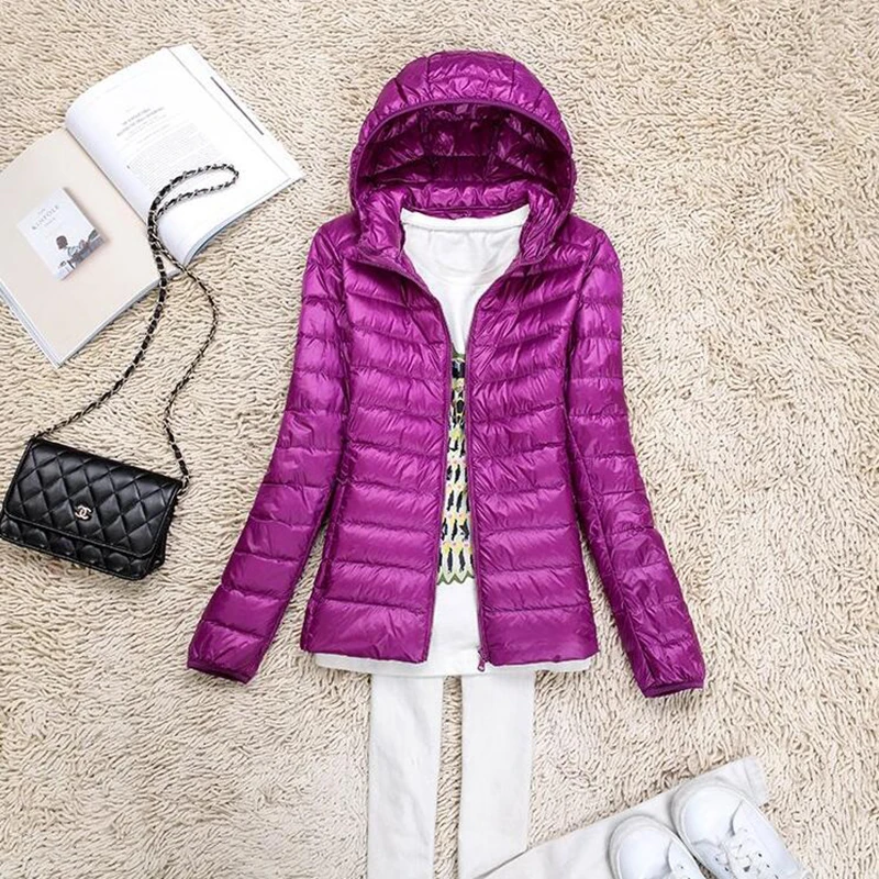 Women Down Jacket Hooded 90% White Duck Down Warm Overcoat Solid Color Portable Outerwear Ultra Light Down Coat Winter