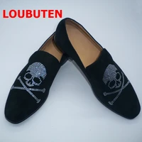 loubuten shining white crystal skull pattern mens moccasin black suede slip on flats party and banquet men loafers plus size