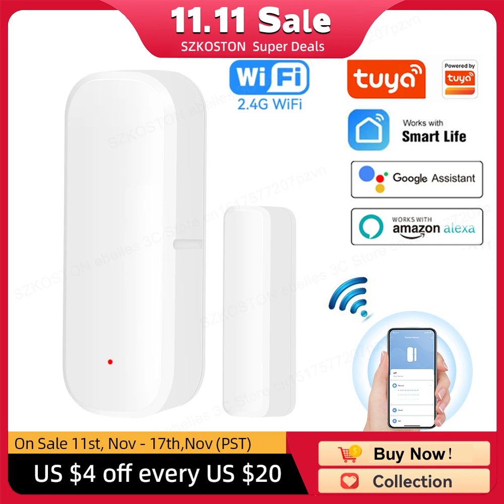 

Tuya Smart Home WiFi Door Sensor Alarm Window Door Open/Closed Detectors Security Protection Smart Life Voice for Alexa Google