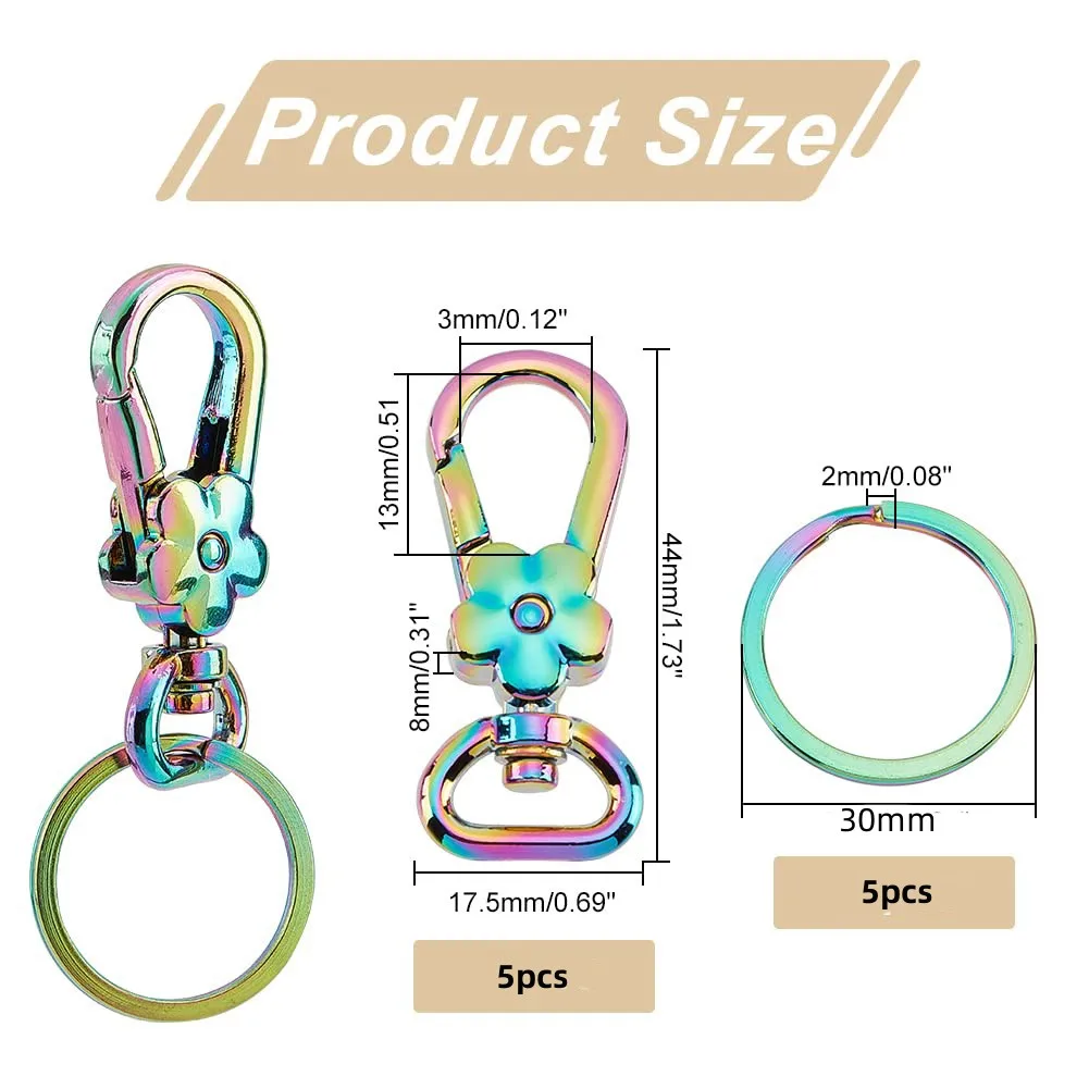 5Pcs/set Rainbow Swivel Clasps Set Alloy Trigger Snap Hooks Flower Lanyard Keychain Hook With Round Split Key Rings Keychain Bag