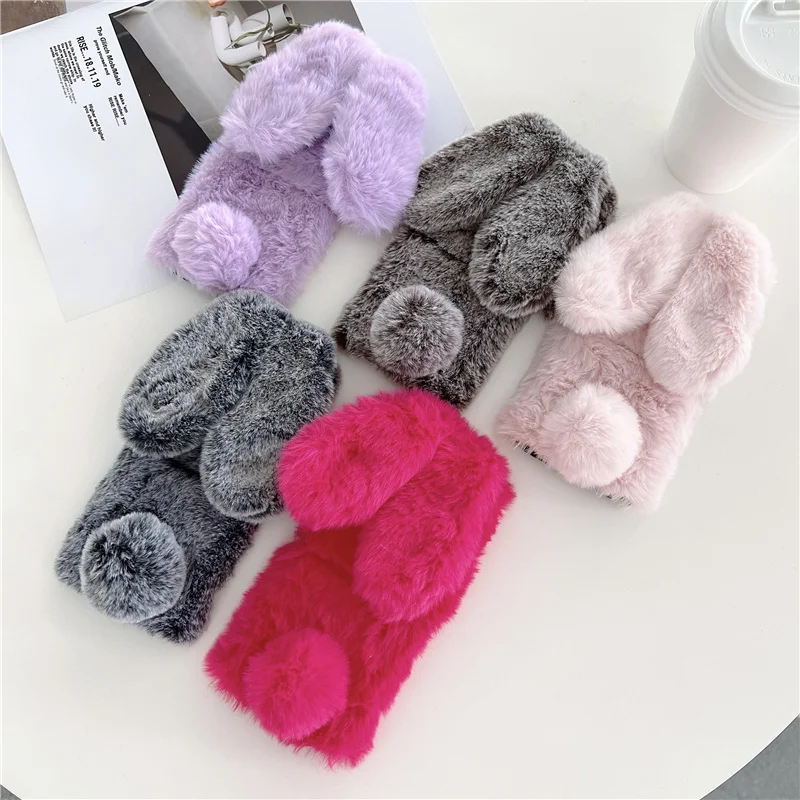 

Cute 3D Easter Bunny Ears Plush Fur Case For Samsung Galaxy Z Flip 3 5G 2021 PC Shockproof Camera Protective Coque Back Cover