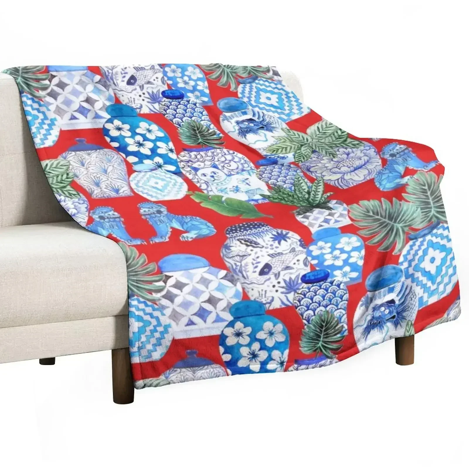 Имбирные банки сине-белые фарфоровые и красные собаки с ладоньми одеяло милые