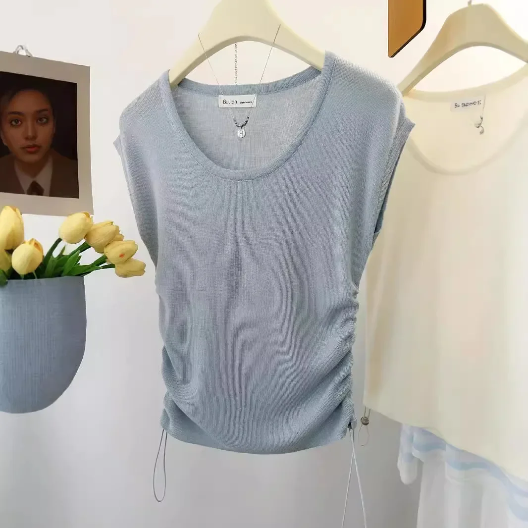 Нежный стиль вязаный топ с круглым вырезом летняя утягивающая женская футболка