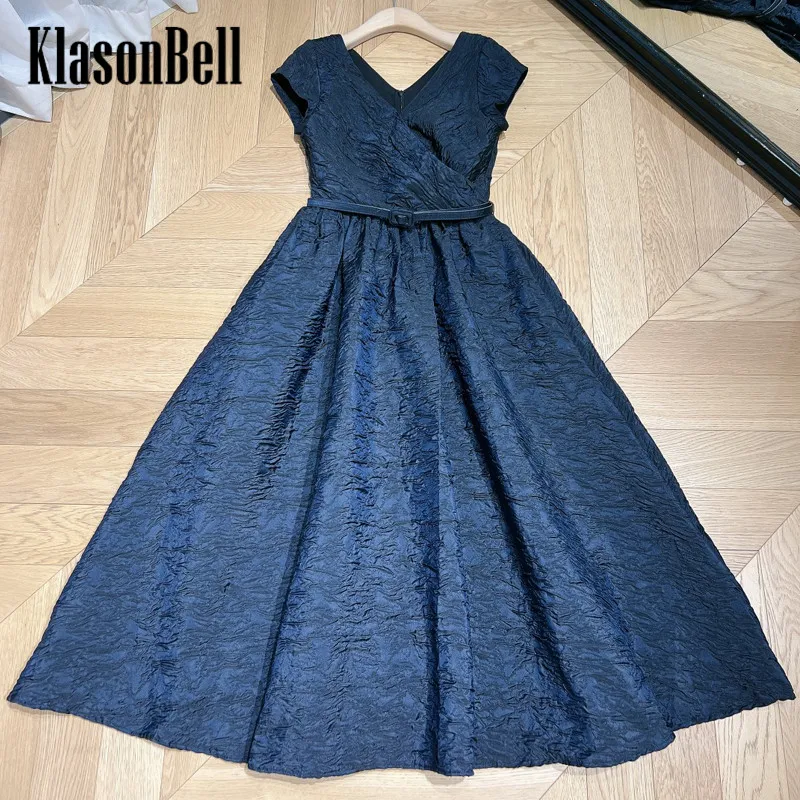 

8.12 KlasonBell Temperament Elegant Blister Crepe V-Neck Belt Collect Waist Midi Dress Women
