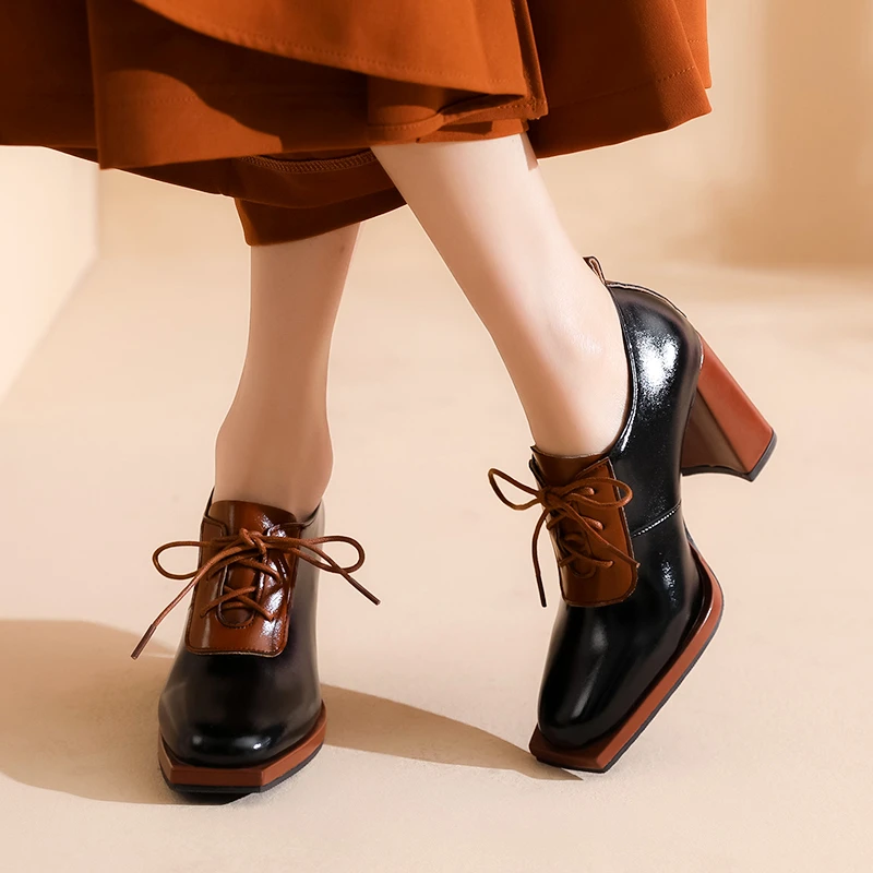 

Женские уличные ботинки на шнуровке, сапоги на высоком квадратном каблуке, с квадратным носком, 2023