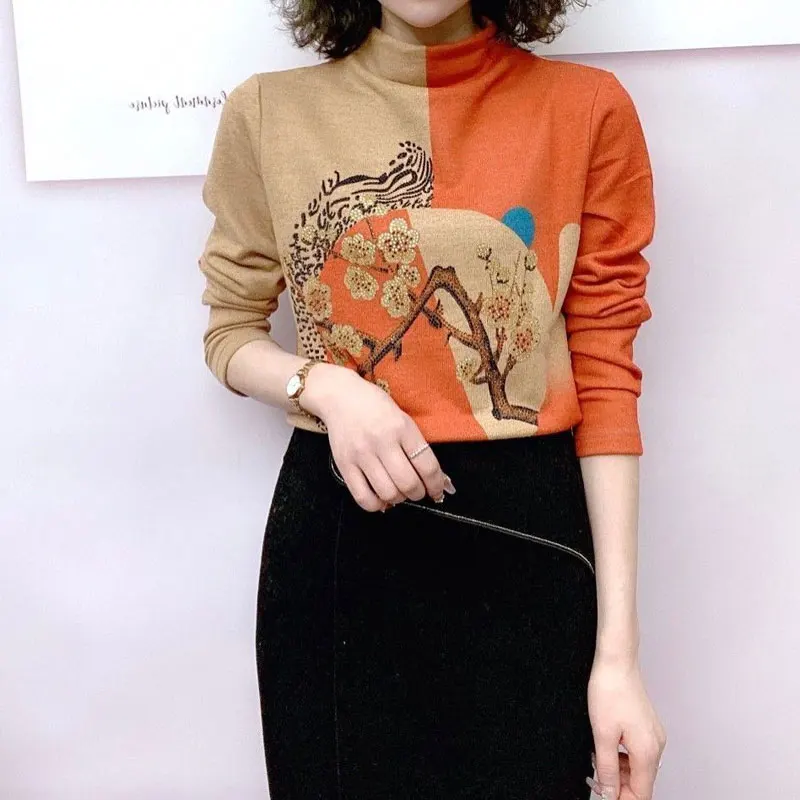 

Autumn Winter Thick Spliced Plum Blossom Printed T-shirt Vintage Female Clothing Loose Warm Fashion Half High Collar Pullovers