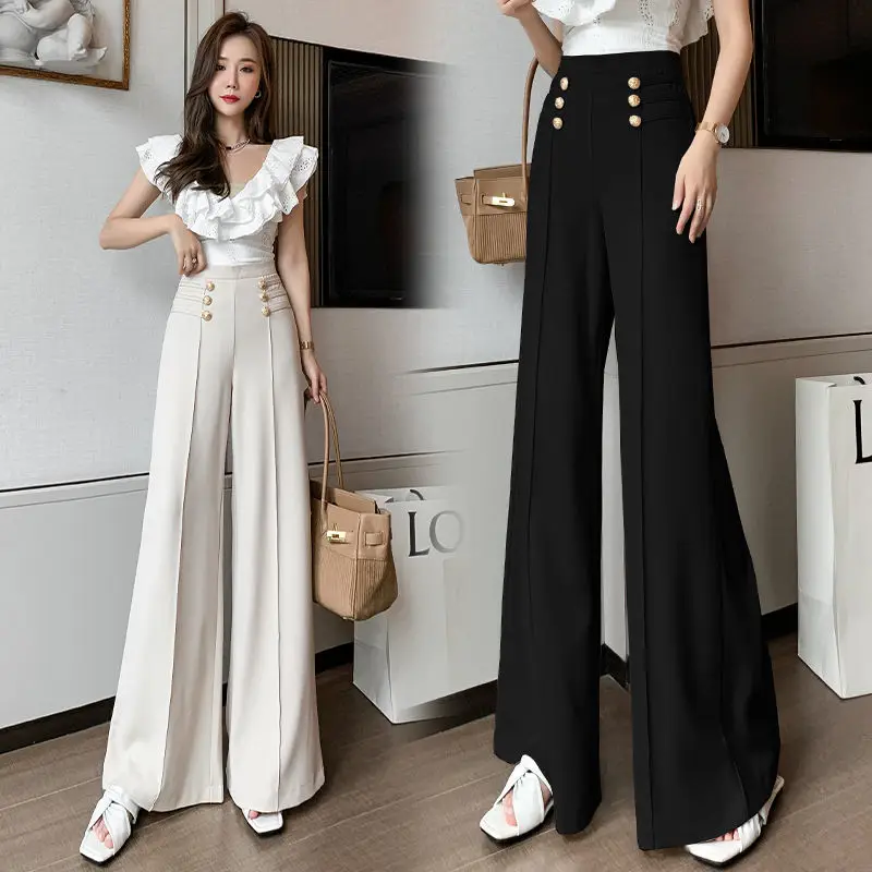 

Solid Black Casual Pants Women Wide Leg Trousers Office Lady High Waist Mopping Draped Baggy Elegant Tender Popular X90