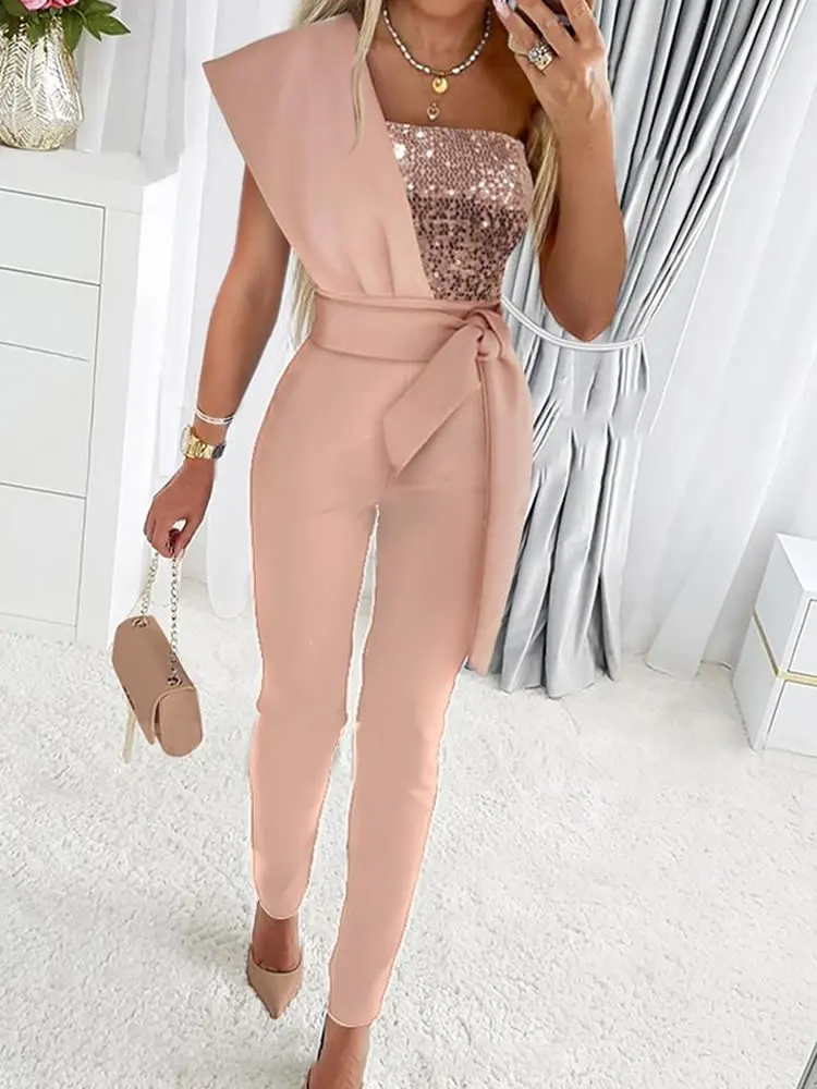 Chic Women Elegant Pink Full Bodysuits Sequin Prom One Piece Bodysuit Dresses Evening Outfit Overalls Jumpsuit Jumpsuits Clothes