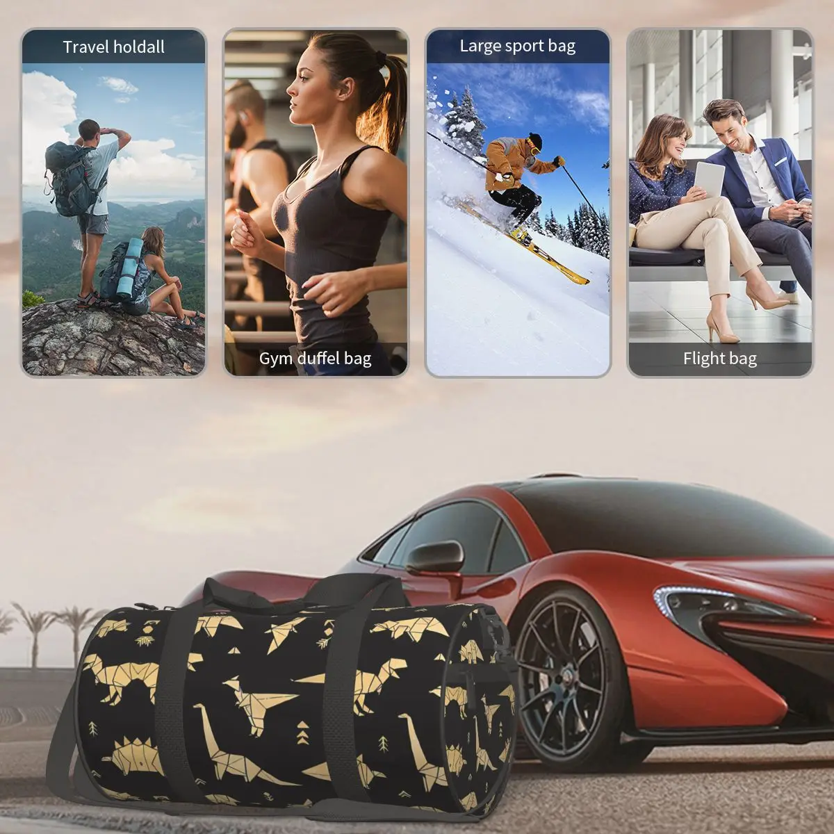 Золотые оригинальные тканевые спортивные сумки с динозаврами в стиле бохо