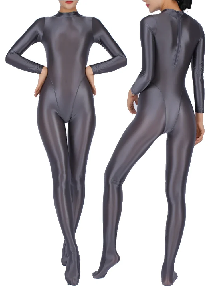 Блестящий воротник-стойка на молнии сзади комбинезон боди с высоким вырезом