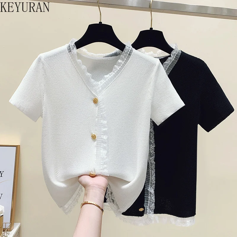 

Женский Укороченный трикотажный кардиган, черный, белый однобортный свободный Кружевной Жакет с коротким рукавом и V-образным вырезом, Caridgan...