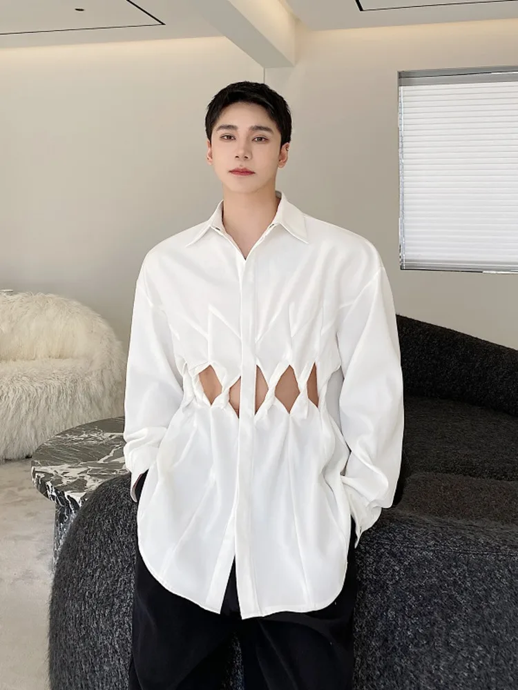 

SYUHGFA 2023 Spring Autumn Turn Down Collar Long Sleeve Sexy Hole Shirt For Men Single Breasted Loose Casual Shirt Men Clothing