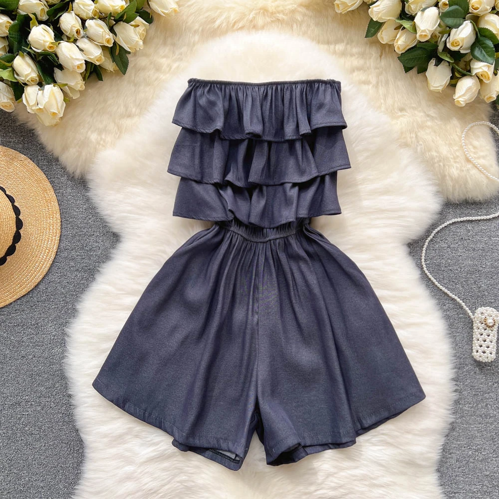 

Jumpsuit Women Grey/Black/Blue Cascade Flounces High Waist Off Shoulder Sexy Rompers Summer Female Ropa Mujer 2022 New