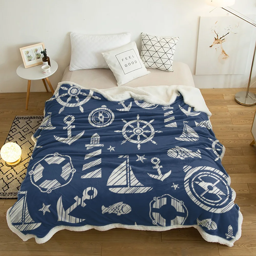 

Nautical Blue Anchor Rudder Boat Fish Lighthouse Cashmere Blanket Thick Winter Bed Lamb Blankets Office Nap Sofa Bed Bedspread