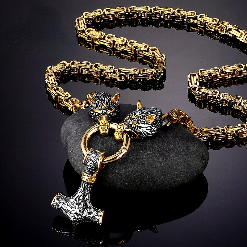 

Viking Odin Thunder Hammer Wolf Head Necklaces Vegvisir Amulet MJOLNIR Pendant Norse Runes Anchor Titanium Steel Chain Jewelry