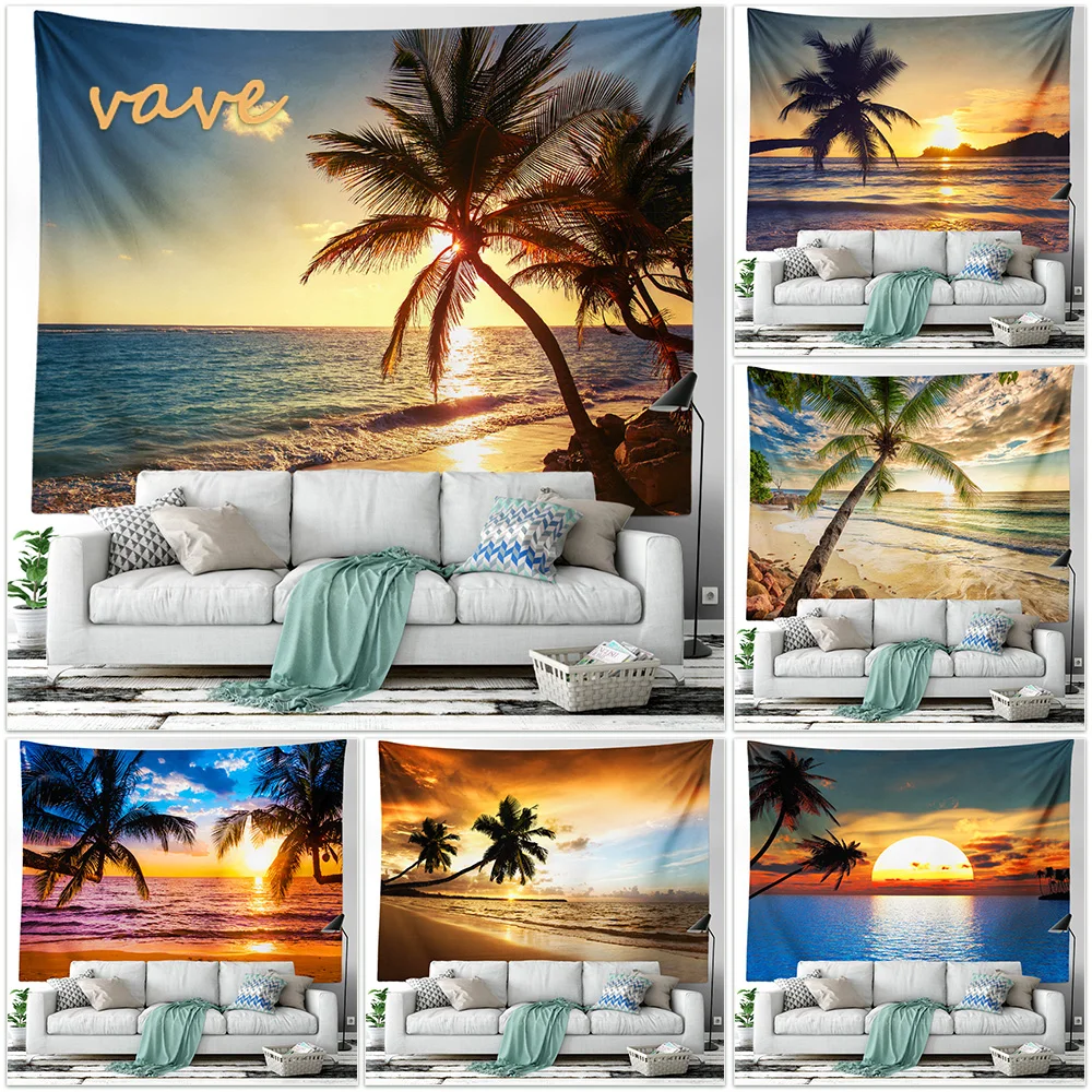 

Beach Sunset Landscape Tapestry Wall Hanging Bohemian Trippy Hippie Coconut Tree Tapestry for Bedroom Aesthetic Home Room Decor