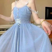 fairy elegant dress 2022 summer women princess high waist sweet strap skirt female korean casual holiday gauze kawaii dresses