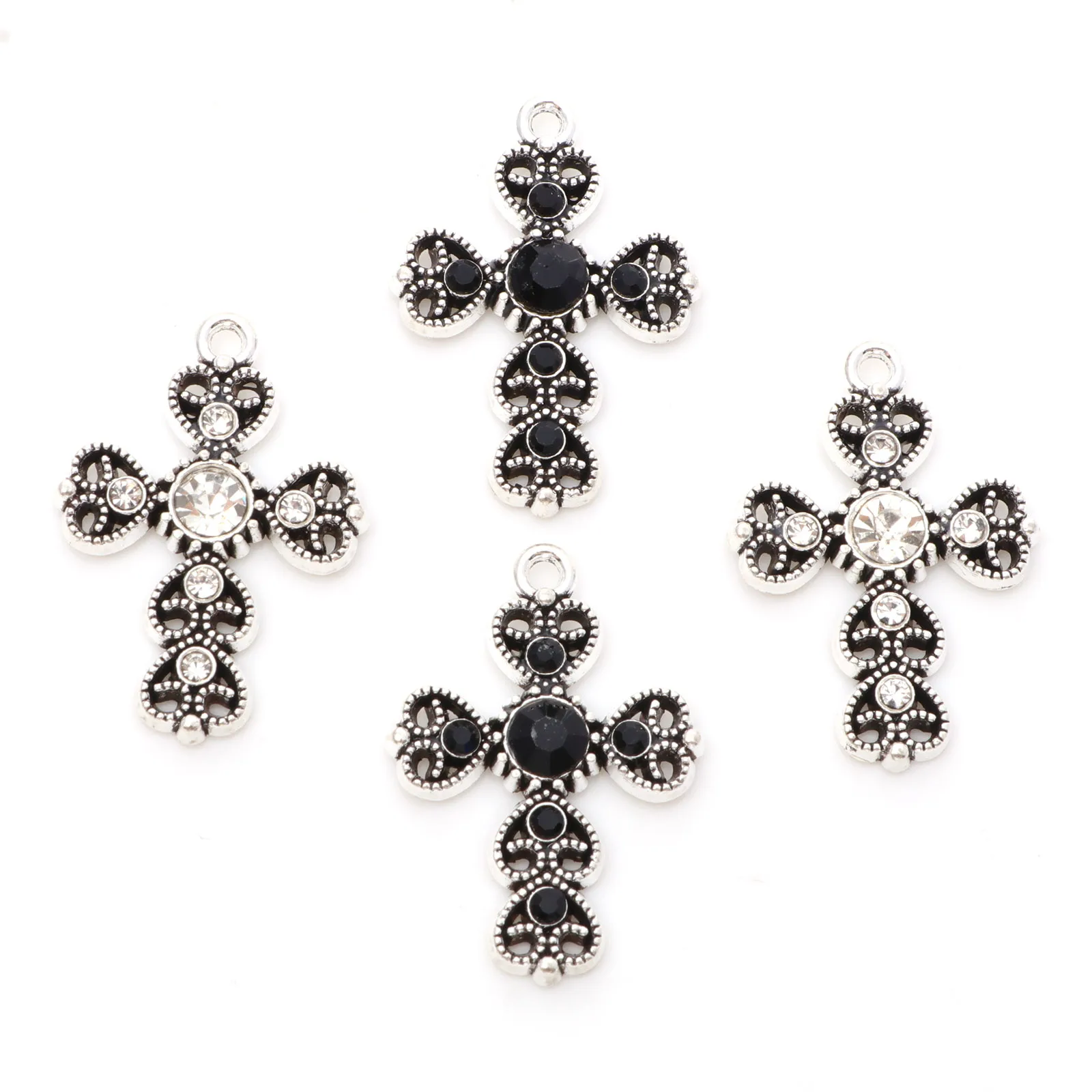 5PCs Religious Charms Antique Silver Color Cross Heart Hollo