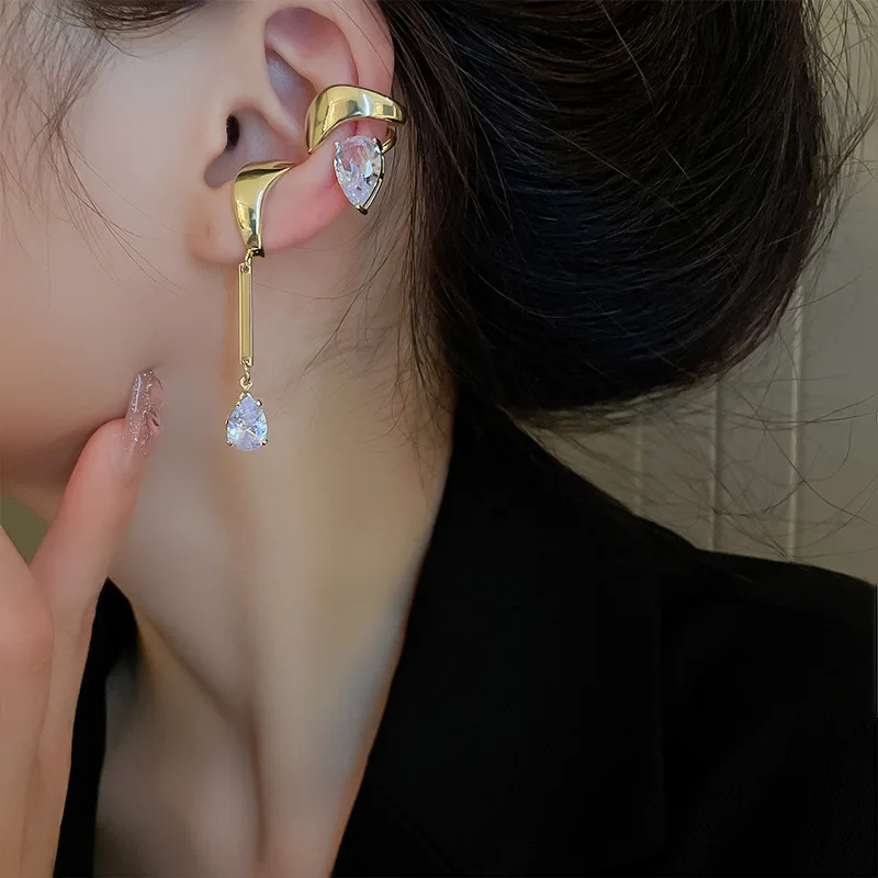 SRCOI Asymmetrical Zircon Waterdrop Earrings Clip On Jewelry For Women Elegant Long Earrings Cuff Without Holes Ear