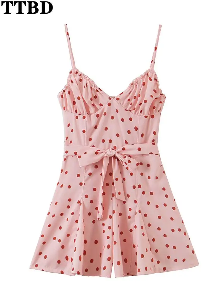 

TTBD Women 2022 fashion with belt pink polka dot one piece culottes vintage backless elastic thin straps female jumpsuits mujer