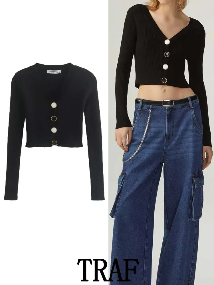 

Женский трикотажный кардиган с длинным рукавом и V-образным вырезом