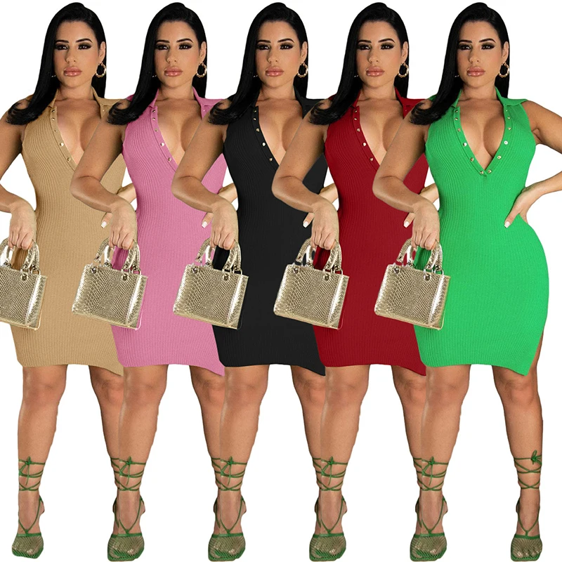 

Ribbed Knitted Women Sleeveless V Neck Backless Mini Dress Turn Down Collar Side Slit Hollow Out Bodycon Sexy Party Dresses
