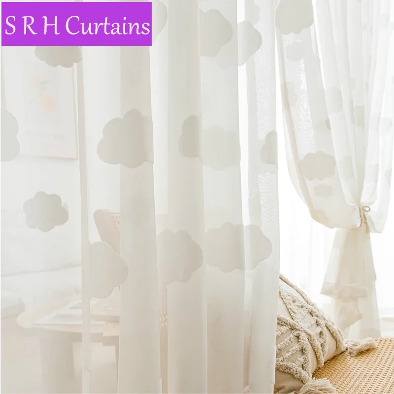 Прозрачные тюлевые шторы с вышивкой в скандинавском стиле белыми облаками для