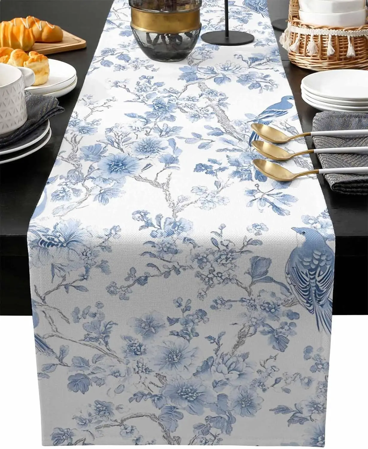 

Синяя ветка, цветы, птицы, лист, льняная дорожка для стола, декор для вечеринки, моющаяся дорожка для кухонного обеденного стола в фермерском доме, свадебные украшения