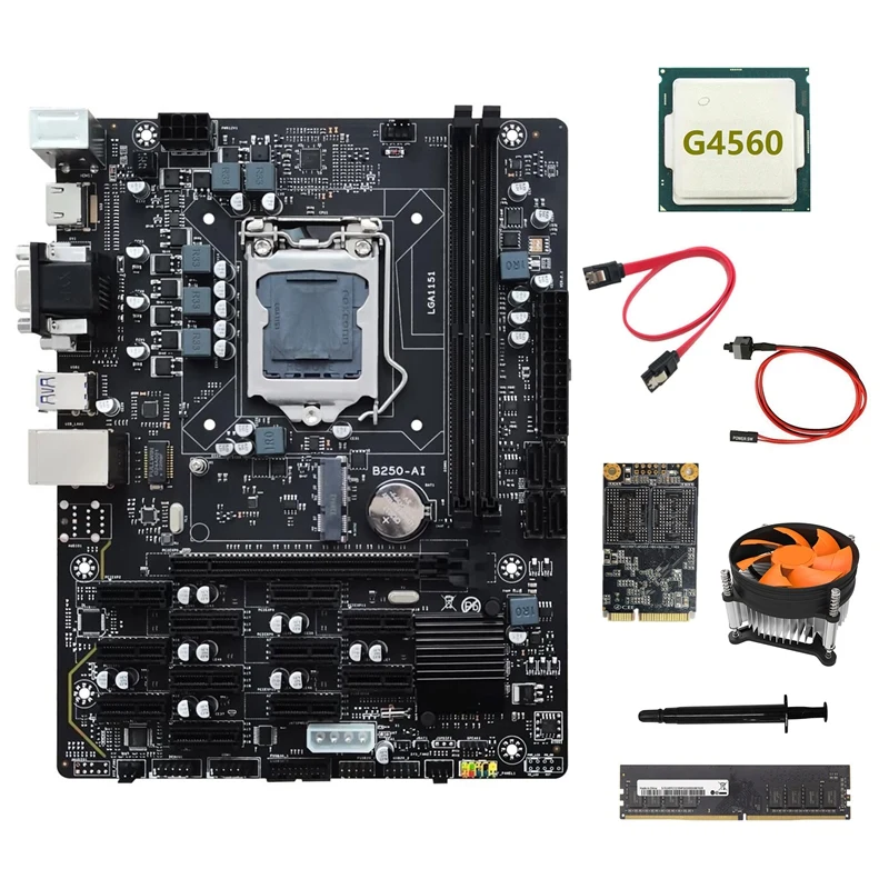 

Материнская плата B250 V2.1 ETH Miner 12PCIE + G4560 CPU + DDR4 8 Гб RAM + 128G MSATA SSD + вентилятор + кабель SATA + кабель переключателя + термопаста