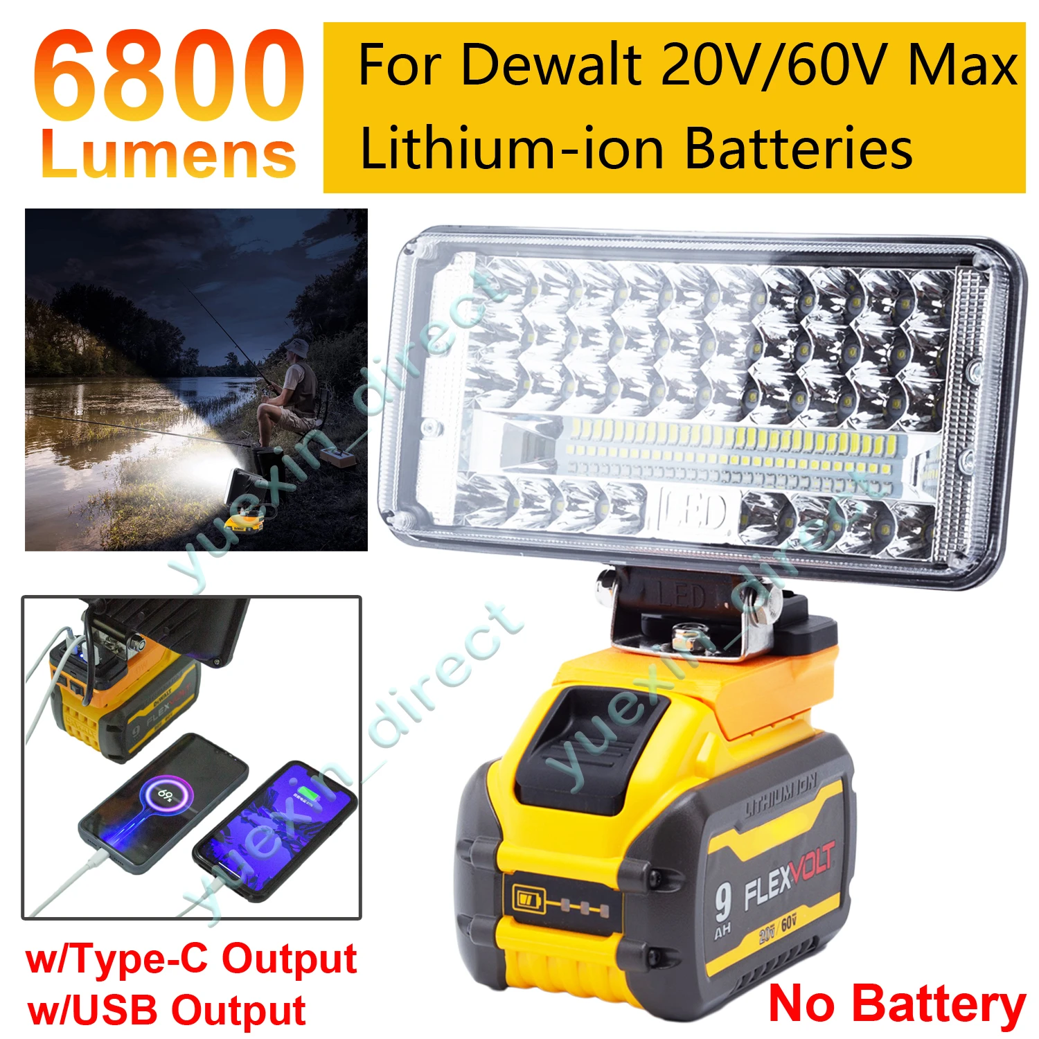 For DeWALT Battery LED Work Light 6800LM Flood Light Cordless Portable Working Light Familiale Camping Outdoor Travel Light