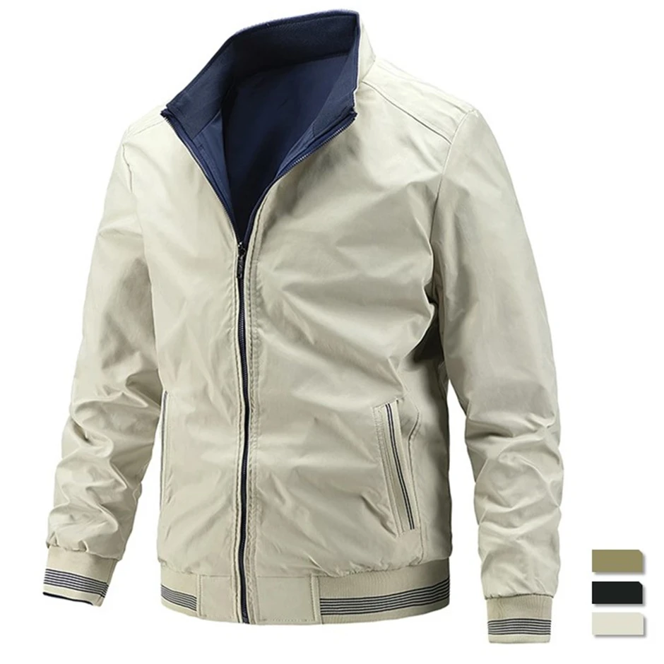 

Double Face Men Jacket Casual Simple Solid Color Slim Fit Jacket Men Autumn Fashion Stand Collar Cargo Winter Parka Men