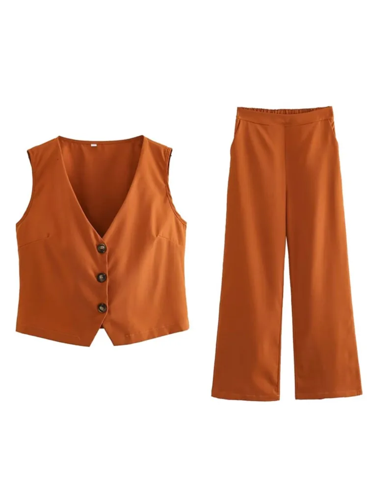 

Элегантный Однотонный женский брючный костюм с высокой талией, модный однобортный комплект с жилетом без рукавов с V-образным вырезом, Офисная Повседневная Женская одежда, 2023