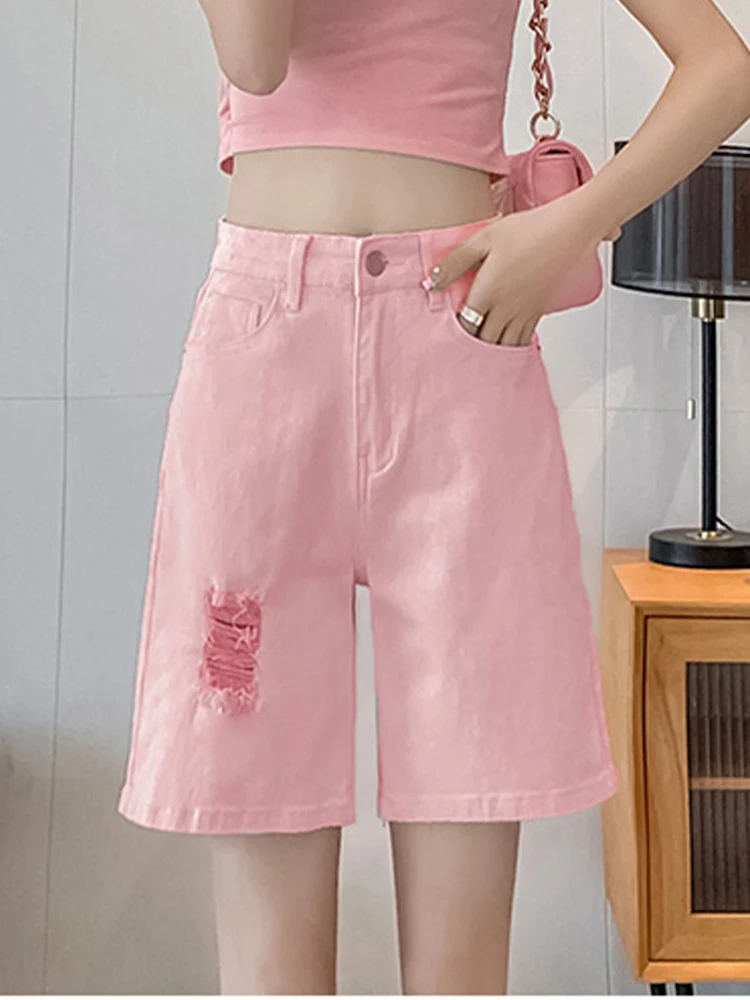 Vintage High Waist Perforated Jeans Loose Straight Crop Pants 2023 Summer New Fashion Women'S Clothing
