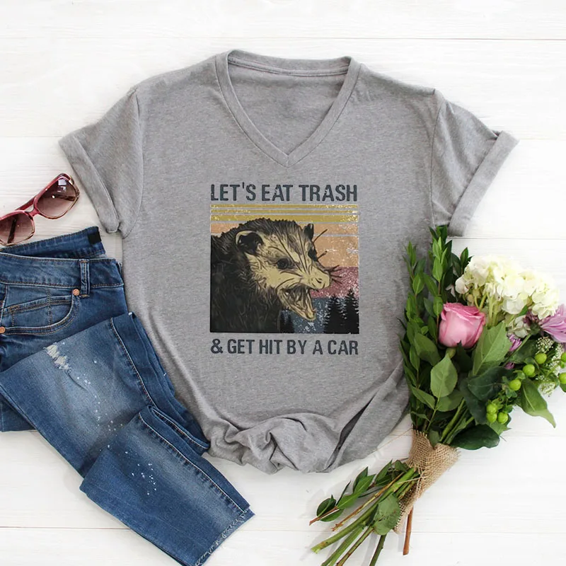 

Rheaclot LET'S EAT TRASH Women's Summer Tops Graphic T-shirt V-Neck Tee