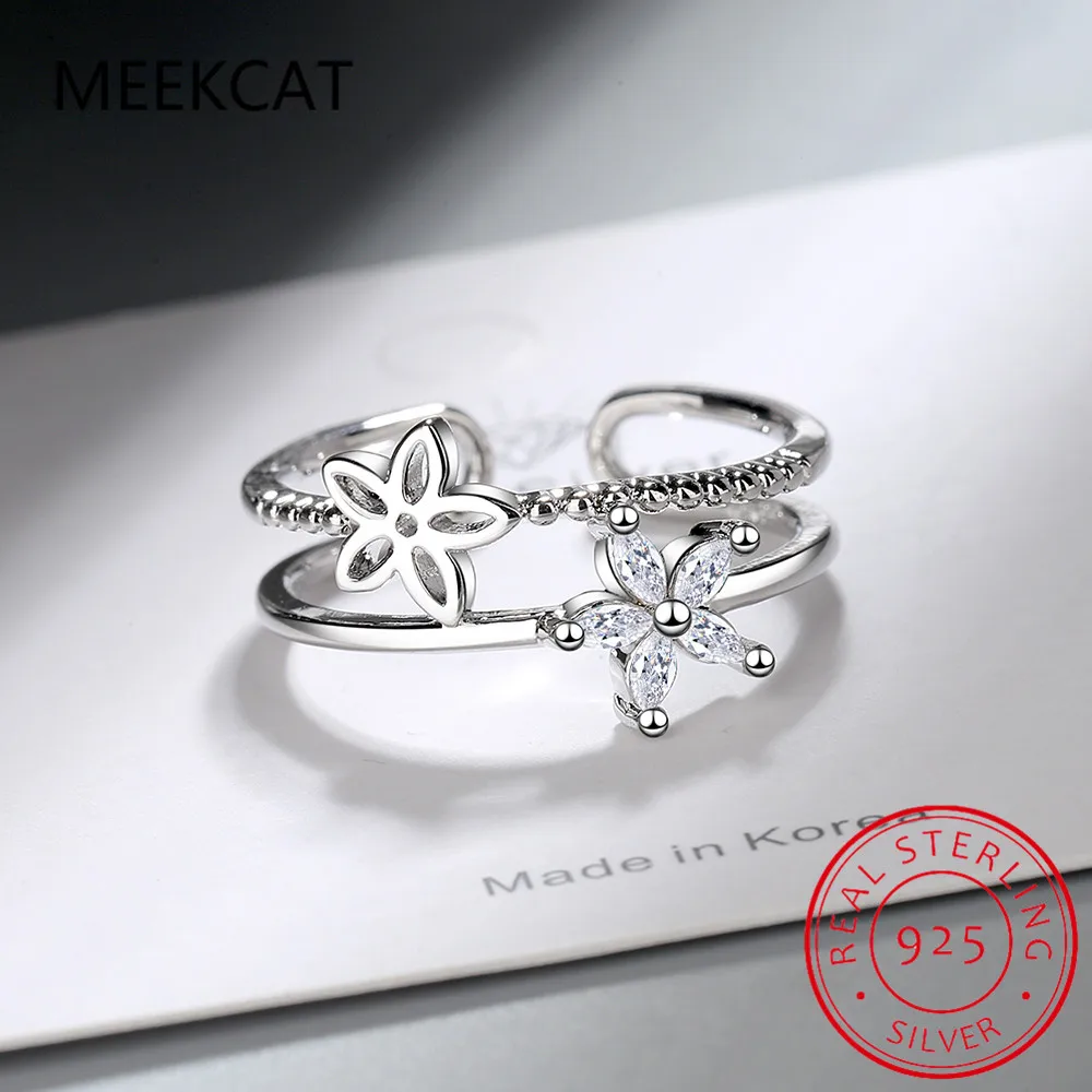 Настоящее серебро 925 блестящее циркониевое двухслойное кольцо с милым цветком
