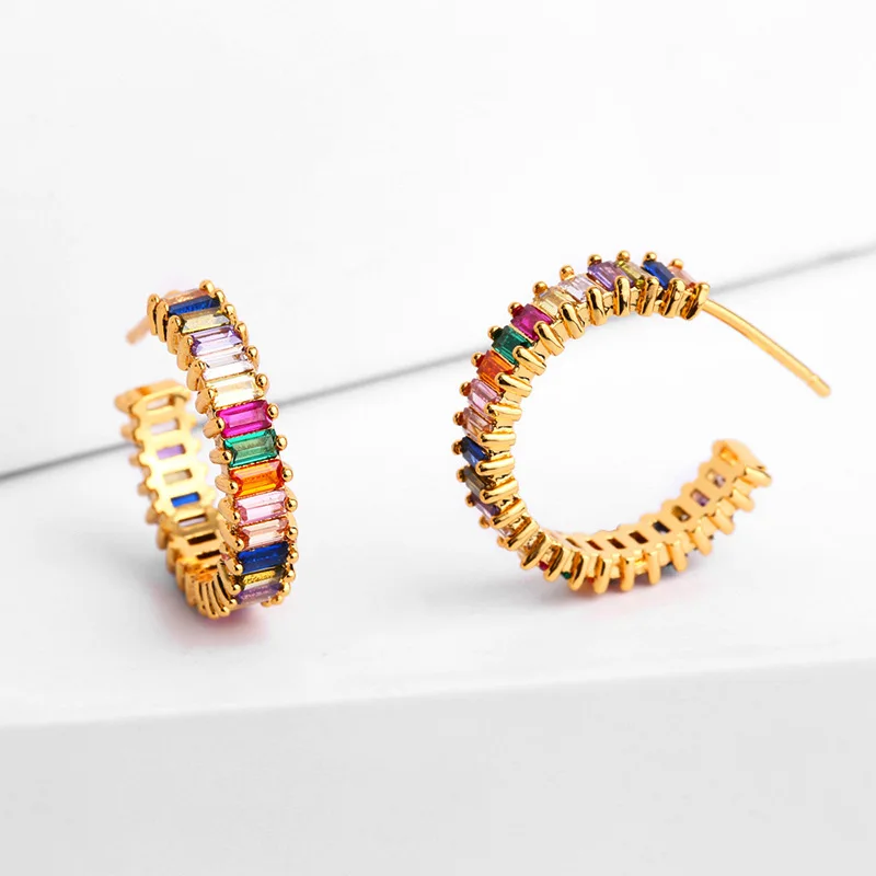 

Hot Sale Simple Fashion Creative Gold Stud Earrings Rainbow Multicolor Micro Pave Zircon Women Earrings Precious Gift