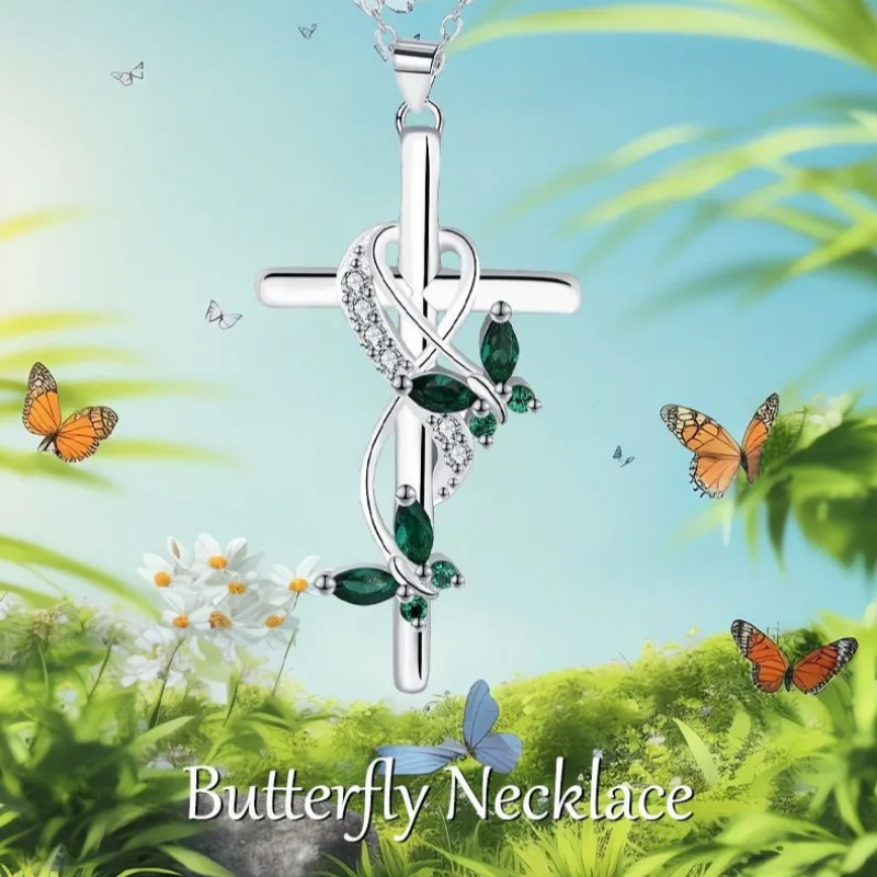 Модное женское ожерелье с подвеской в виде креста зеленый кубический цирконий