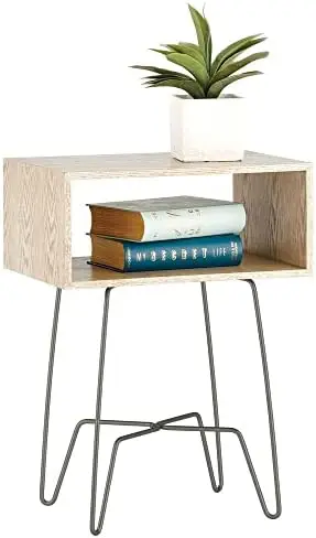 

Industrial Side Table with Storage Shelf - 2-Tier Metal and Wood End Table - Minimal Mid Century Design - Accent for Living Roo