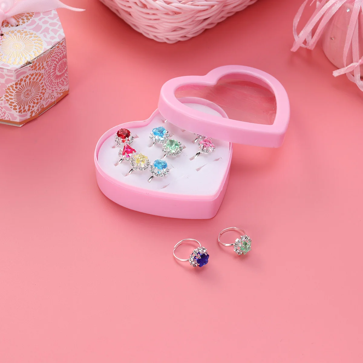 

Rings Ring Girls Kids Girl Child Jewelry Little Adjustable Crystal Toy Gift Play Pretend Finger Dress Up Beautiful Box Flower