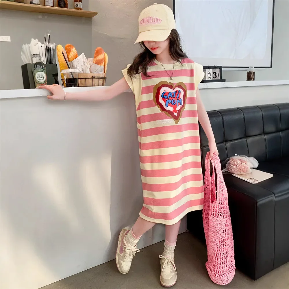 Лето 2024 стильное вязаное платье-футболка принцессы для девочек детское