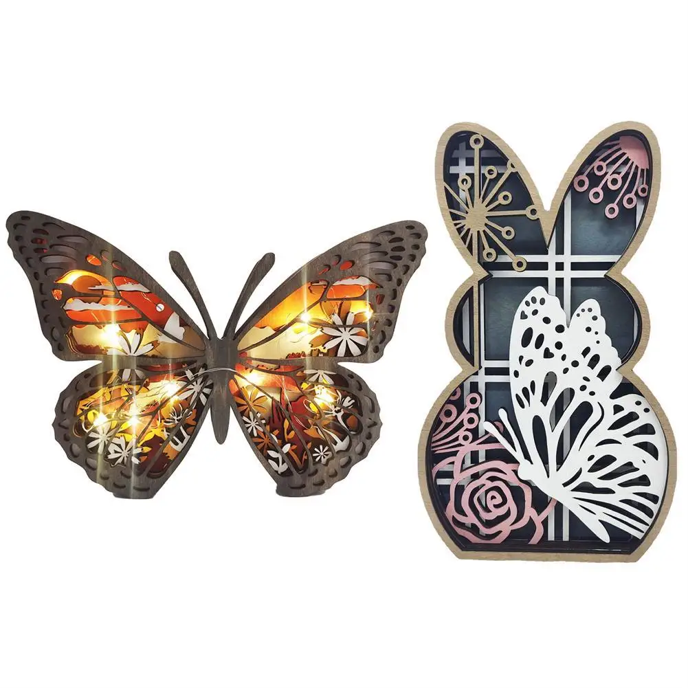 

Easter Wooden Animal Ornaments LED Light 3D Hollow Carving Rabbit Home Room Decor Figurines Crafts Desktop Bedroom Decoration