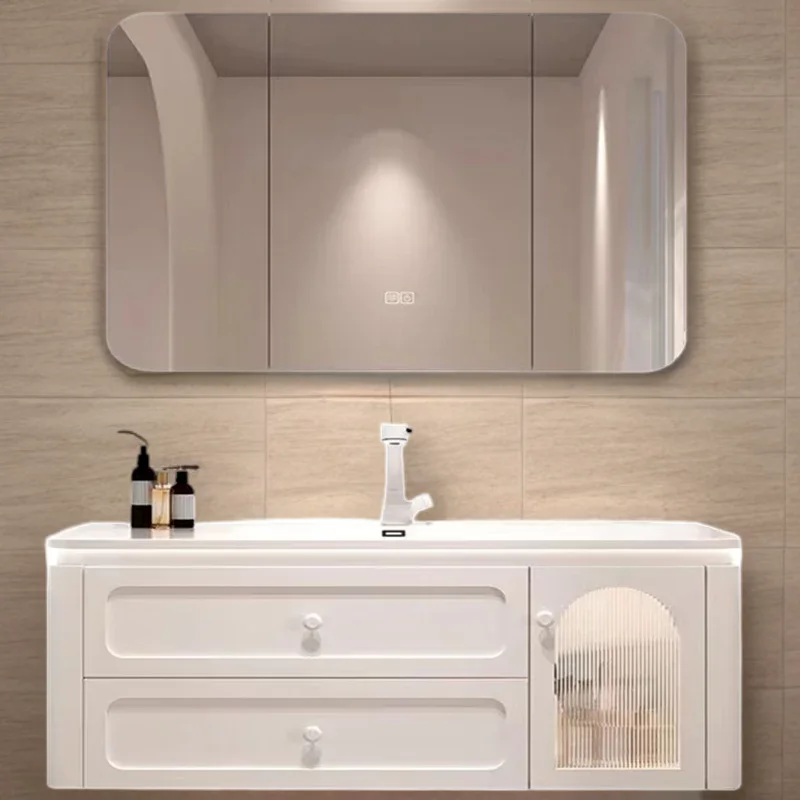 Фотообои для стен с двойной раковиной и выдвижными ящиками