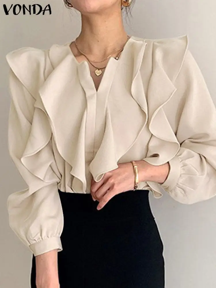 

Women Long Sleeve Shirts Elegant Button Up Blouse Office Shirts 2022 VONDA Casual V Neck Ruffled Tops Blusas Femininas Oversized